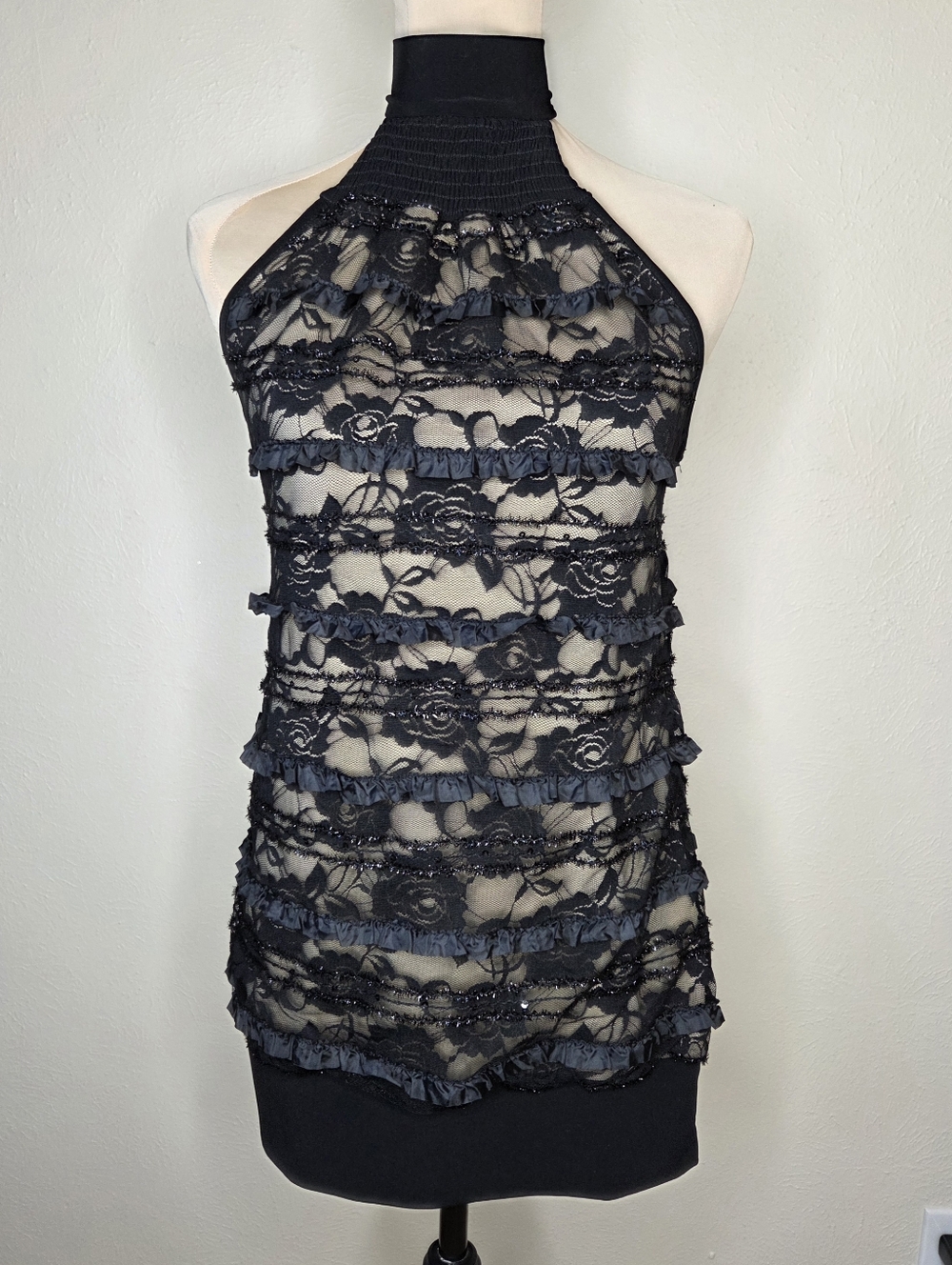 Y2K Moa Moa Lace Halter Top Black Sheer Ruffle Sequin Coquette Indie Witchy USA